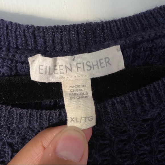 Eileen Fisher Navy Crochet Knit Split Back Top Organic Linen Cotton Blend XL - Picture 12 of 13